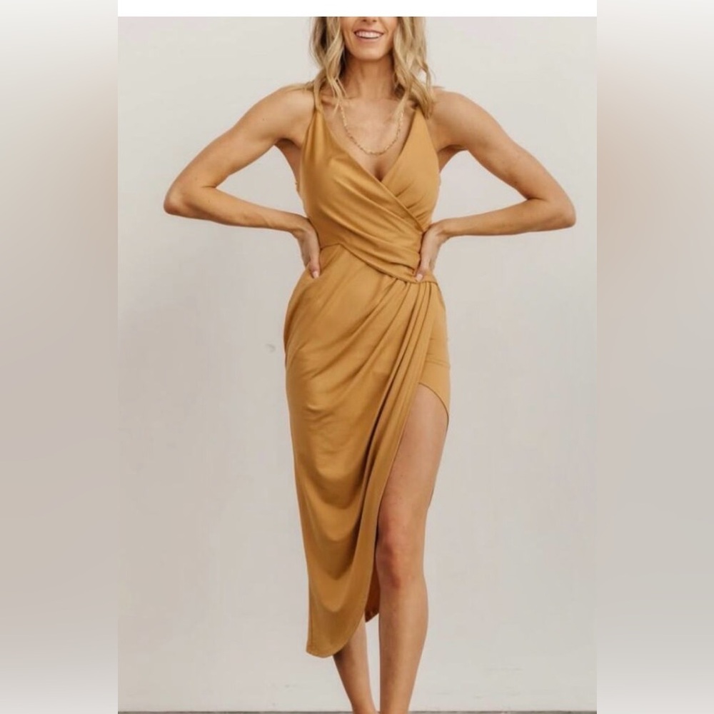 Baltic Born Mustard Wrap High-Low Midi Dress
